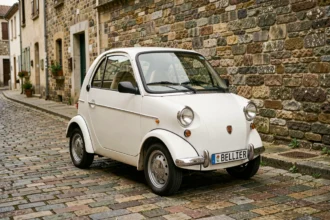 Voiture sans permis Bellier garée dans une rue pavée d'un village français