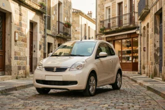 Voiture sans permis compacte garée dans une rue pavée de Brive-la-Gaillarde avec des façades en pierre calcaire en arrière-plan