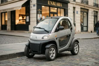 Voiture sans permis compacte garée sur un trottoir urbain, vue de face en angle 3/4