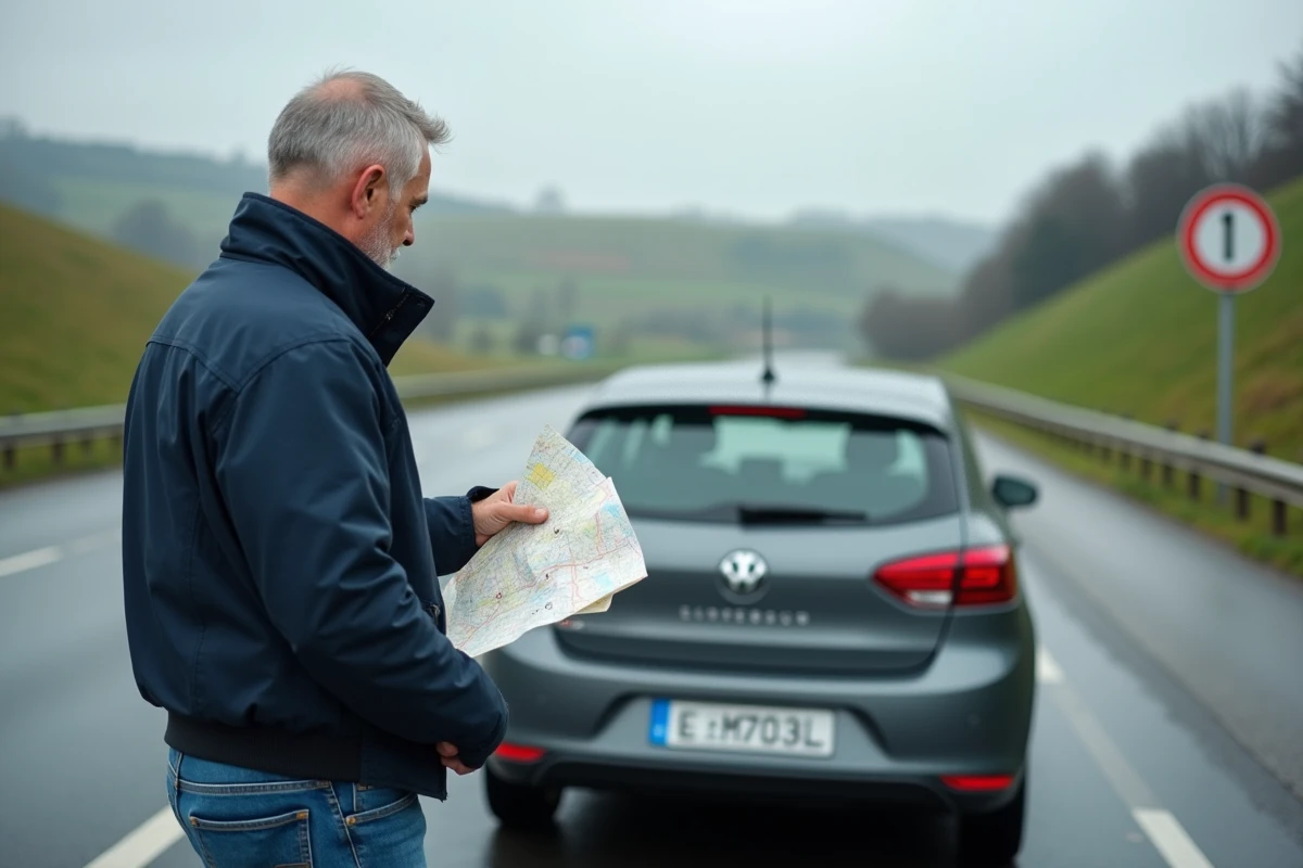Voyageur debout à côté d'une voiture avec une plaque d'immatriculation L du Luxembourg à un arrêt autoroutier en Europe