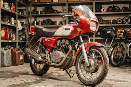 Yamaha TZR 125 de collection garée dans un garage privé avec des accessoires vintage autour