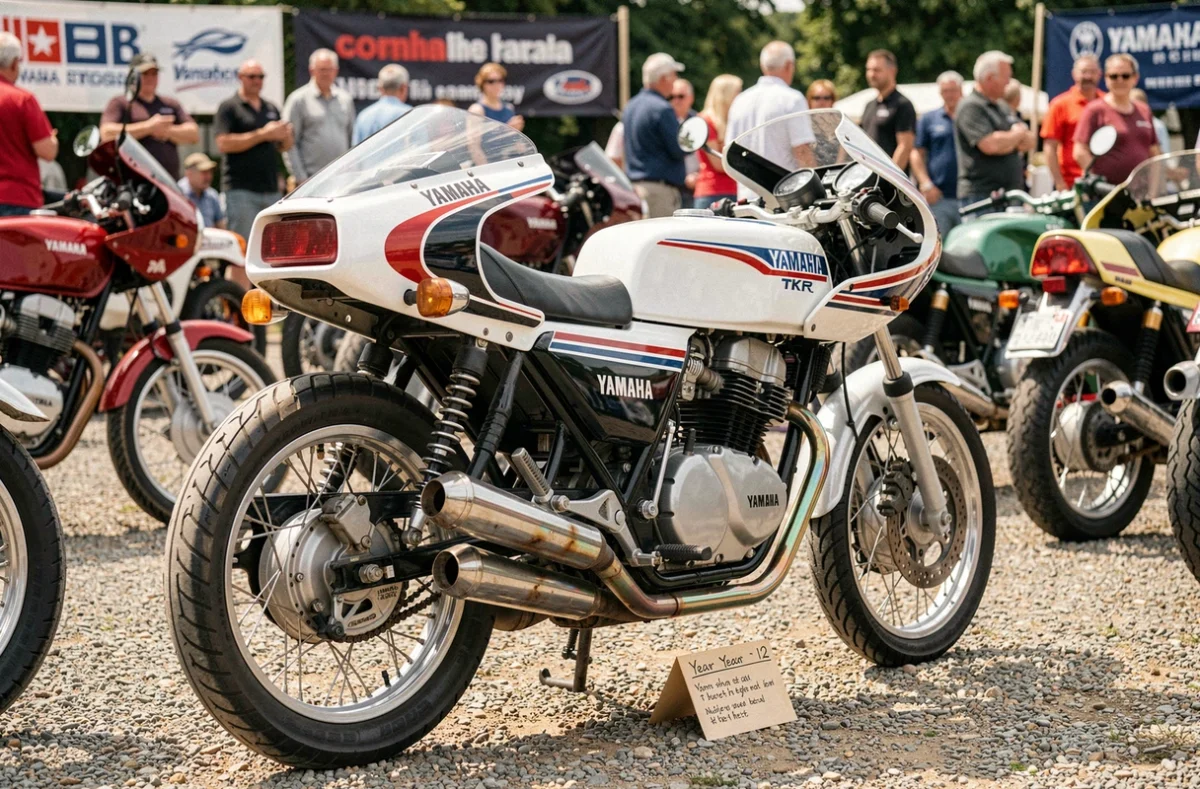 Yamaha TZR 125 restaurée exposée lors d'un rassemblement de motos classiques en plein air