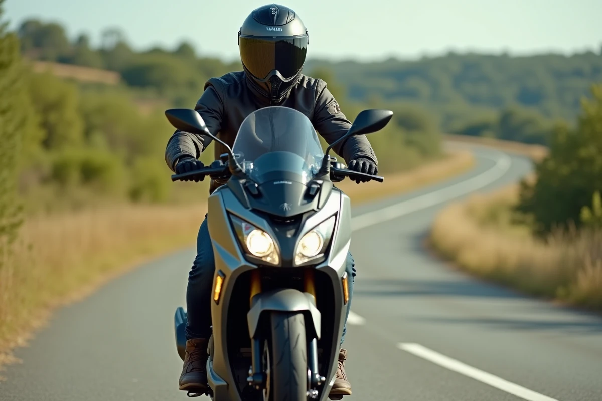 Motard équipé sur un Yamaha XMAX 125 en route sinueuse à la campagne, illustrant l'expérience de conduite et les performances du scooter