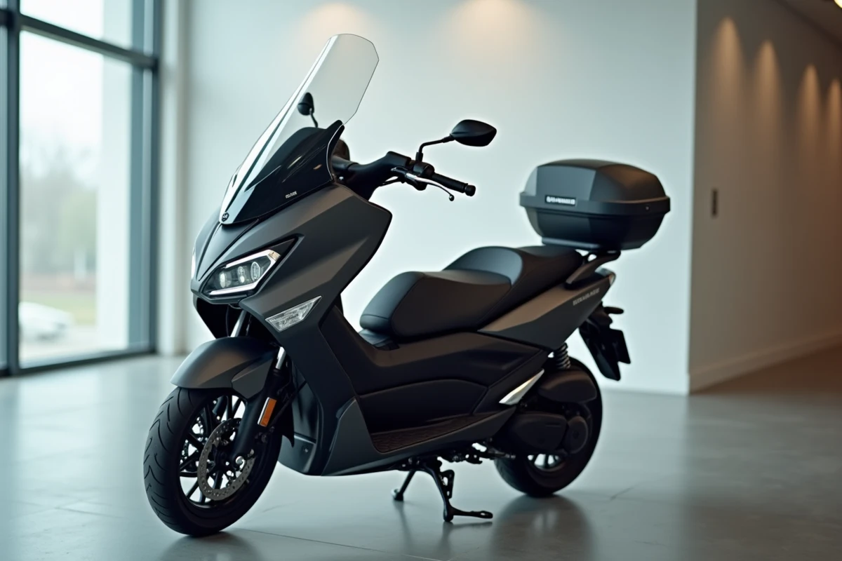 Yamaha XMAX 125 Tech Max noir mat exposé dans un showroom moderne avec écran TFT numérique visible et sellerie premium cousue