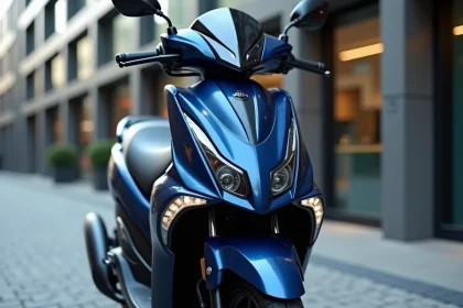 Yamaha XMAX 125 version standard en bleu métallisé garé en milieu urbain, vue trois quarts avant mettant en valeur le carénage et les phares LED